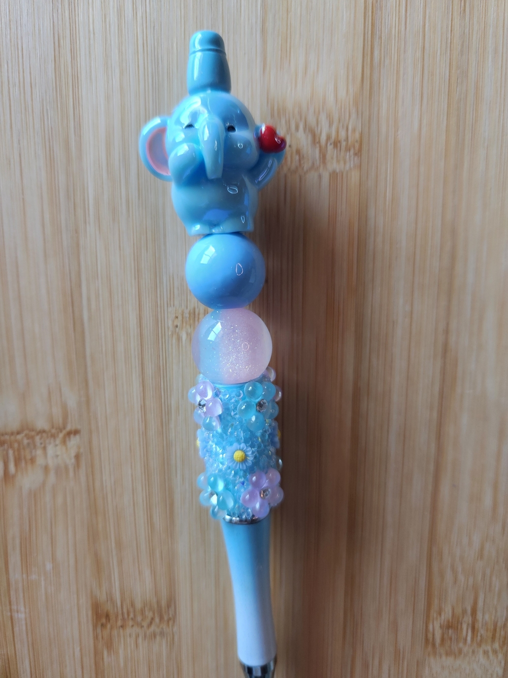 Blue Elephant Beaded Pen - Cute Floral Accent